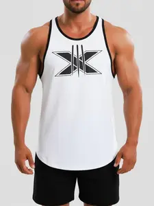 Men's Narrow Shoulder Sport Vest, Moisture-Wicking Breathable Stretch Knit, Geometric Logo Contrast Trim, Ideal for Weightlifting & Aerobics
