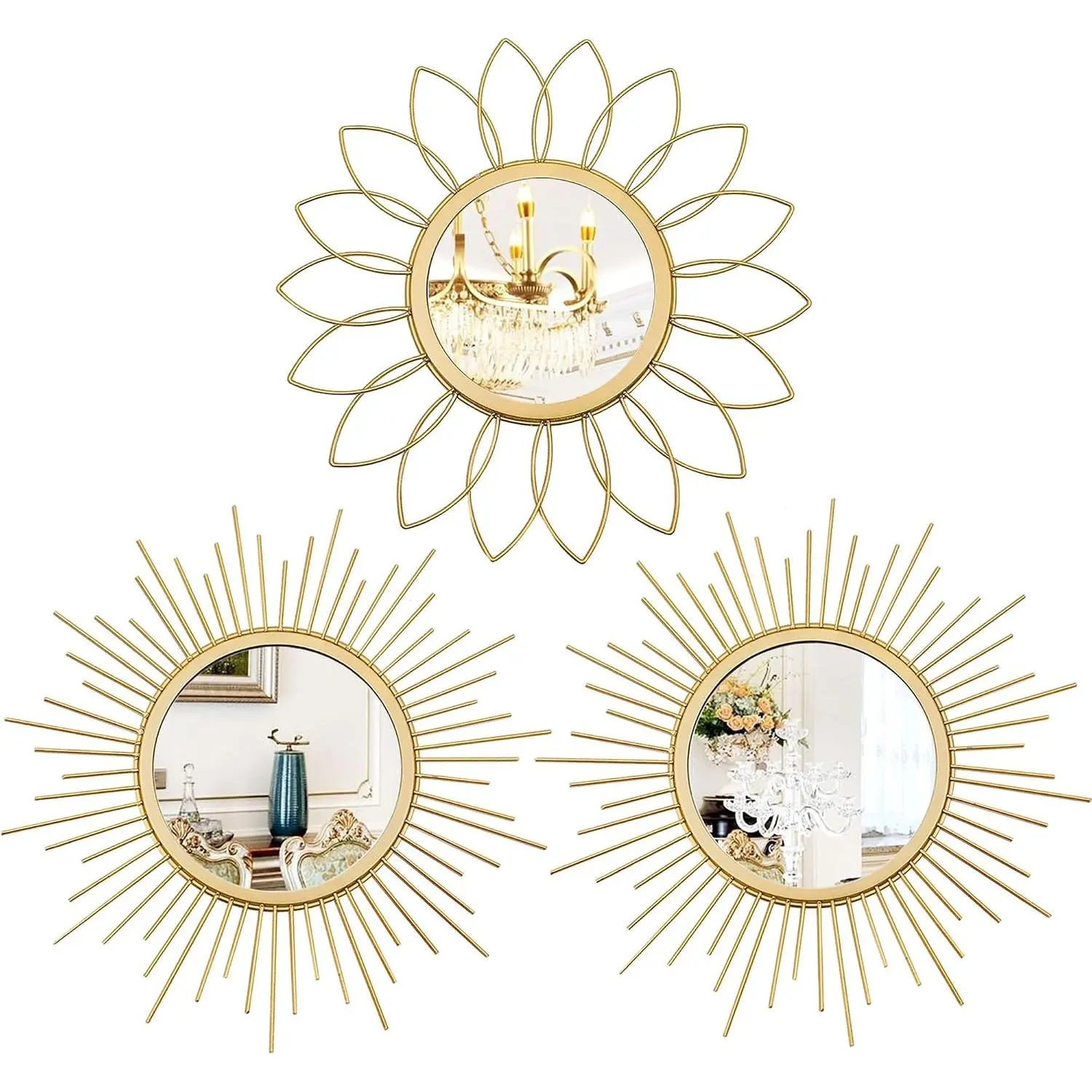 3 Pack Metal Wall Mirrors with Sunburst and Flower Designs, Gold, Decorative Hanging Art for Living Room, Bedroom, Entryway