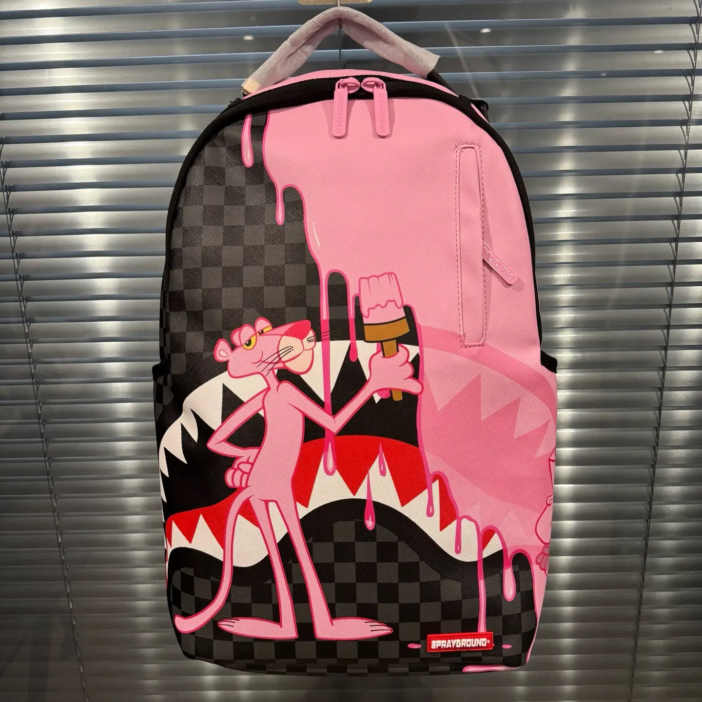 SPRAYGROUND SG Pink Panther Drip Paint Shark Mouth PVC Backpack - Unisex Couple-Style Functional Luggage Bag