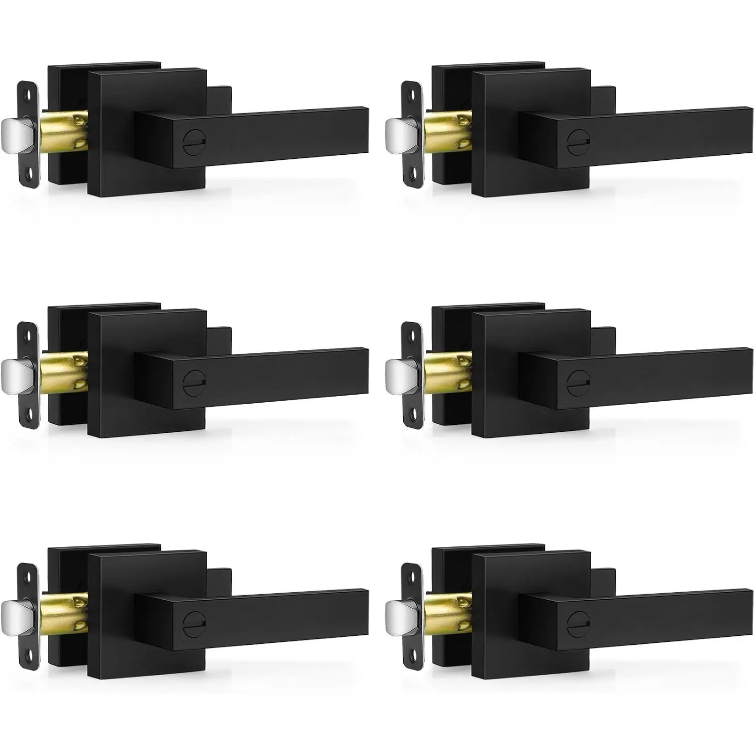 6 Pack Matte Black Door Handles Interior, Keyless Interior Door Knobs, Privacy Door Locks for Bedroom Bathroom, Heavy Duty Square Door Lever Locksets, Reversible for Left&Right Handled Doors