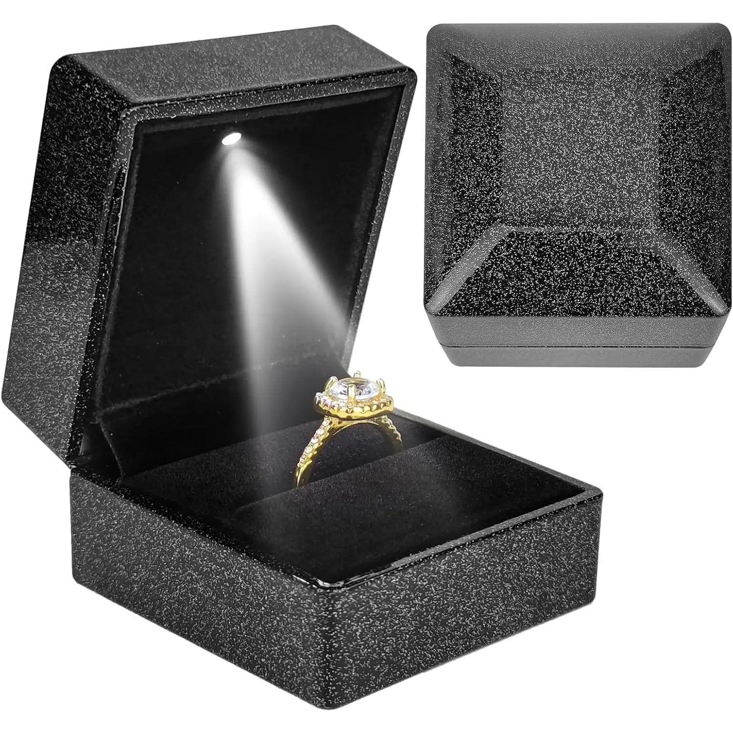 Luxury Ring Box with LED Light, Ring Box for Proposal,Engagement,Wedding,Square Shaped Luxury  Box with LED Light for - Sky Black