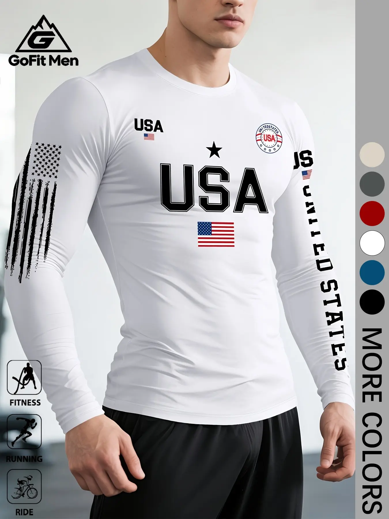 Men's American Flag Graphic Fitted T-Shirt, Long Sleeve Sporty Top, Breathable & Lightweight, Ideal for Running & Cycling
