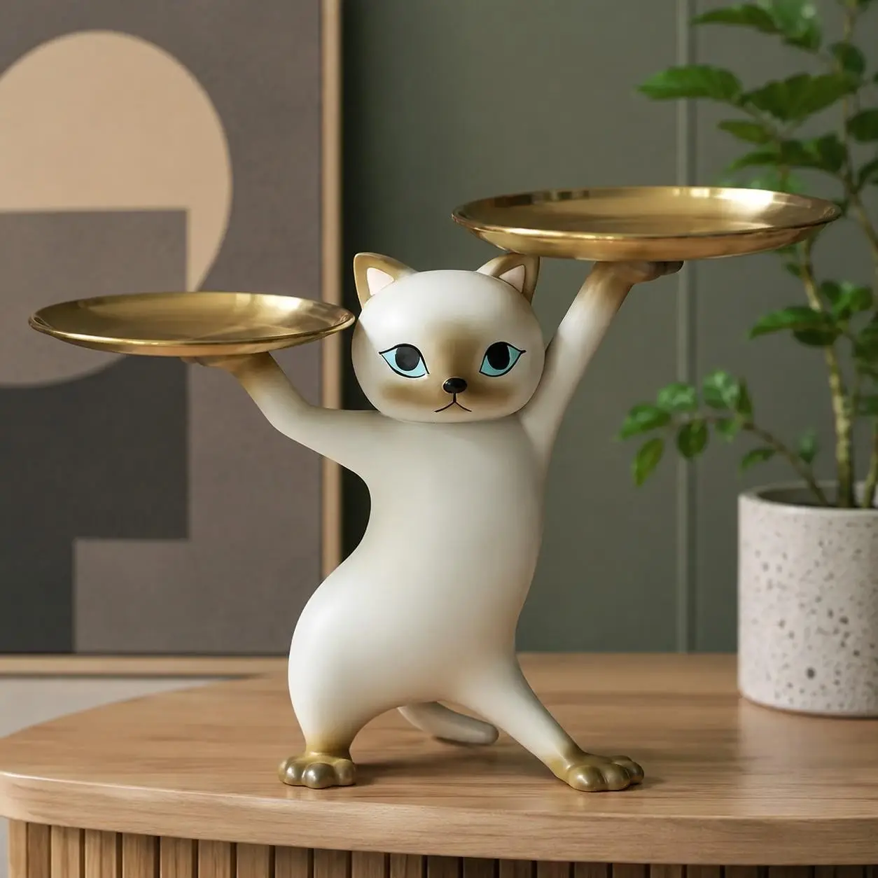 Cute Resin Cat Statue with Double Storage Trays, Aesthetic Entryway Key Bowl & Candy Dish for Table, Modern Jewelry Organizer Home Decor, Cat Lover Gift