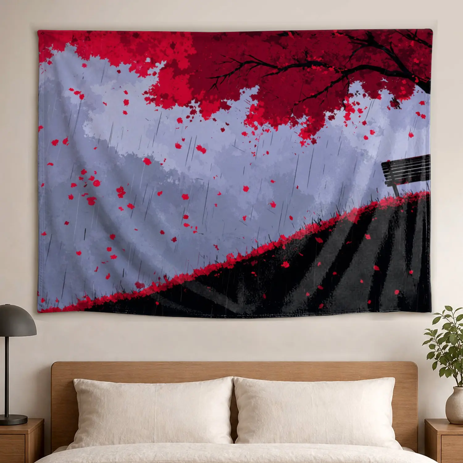 Red Maple Tree Rainy Landscape Wall Tapestry - Large Horizontal Printed Polyester Wall Decor Artwork, Room Decor Decoration for Living Room, No Installation Required, Indoor-Outdoor Gift Idea for Family