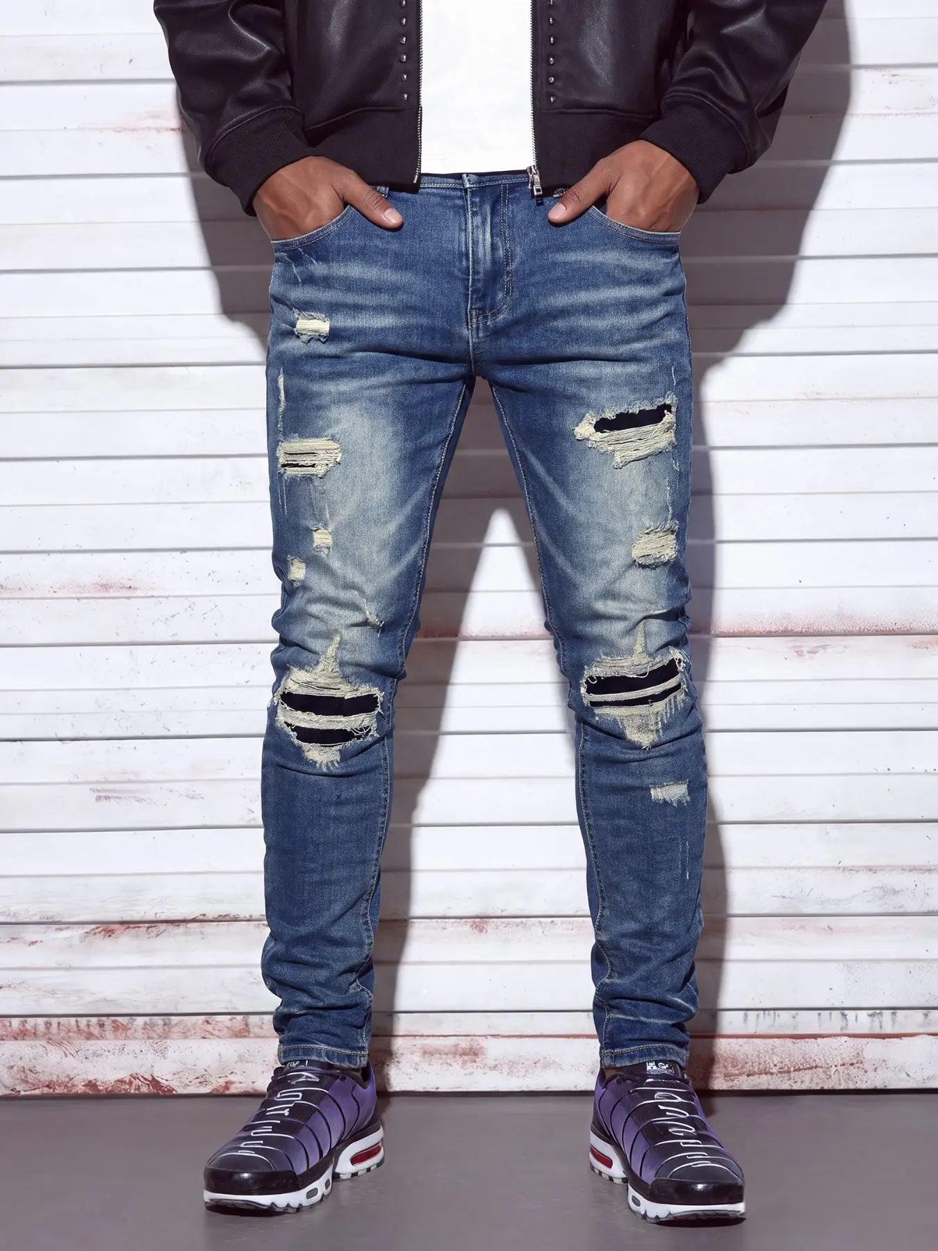 Men's Ripped Washed Denim Jeans, Elastic Slim Fit, Large Rips Detail, Casual Everyday Long Pants, All Seasons Wear