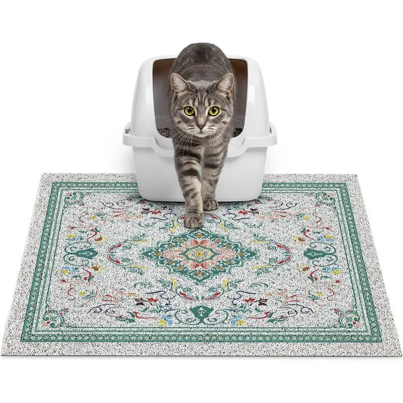 24 x 15 in Cat Litter Mat, Non-Slip Washable PVC Litter Trapping Mat with Waterproof Bottom, Soft Paw-Friendly Floor Protector for Indoor Cats & Litter Boxes, Cyan Blue