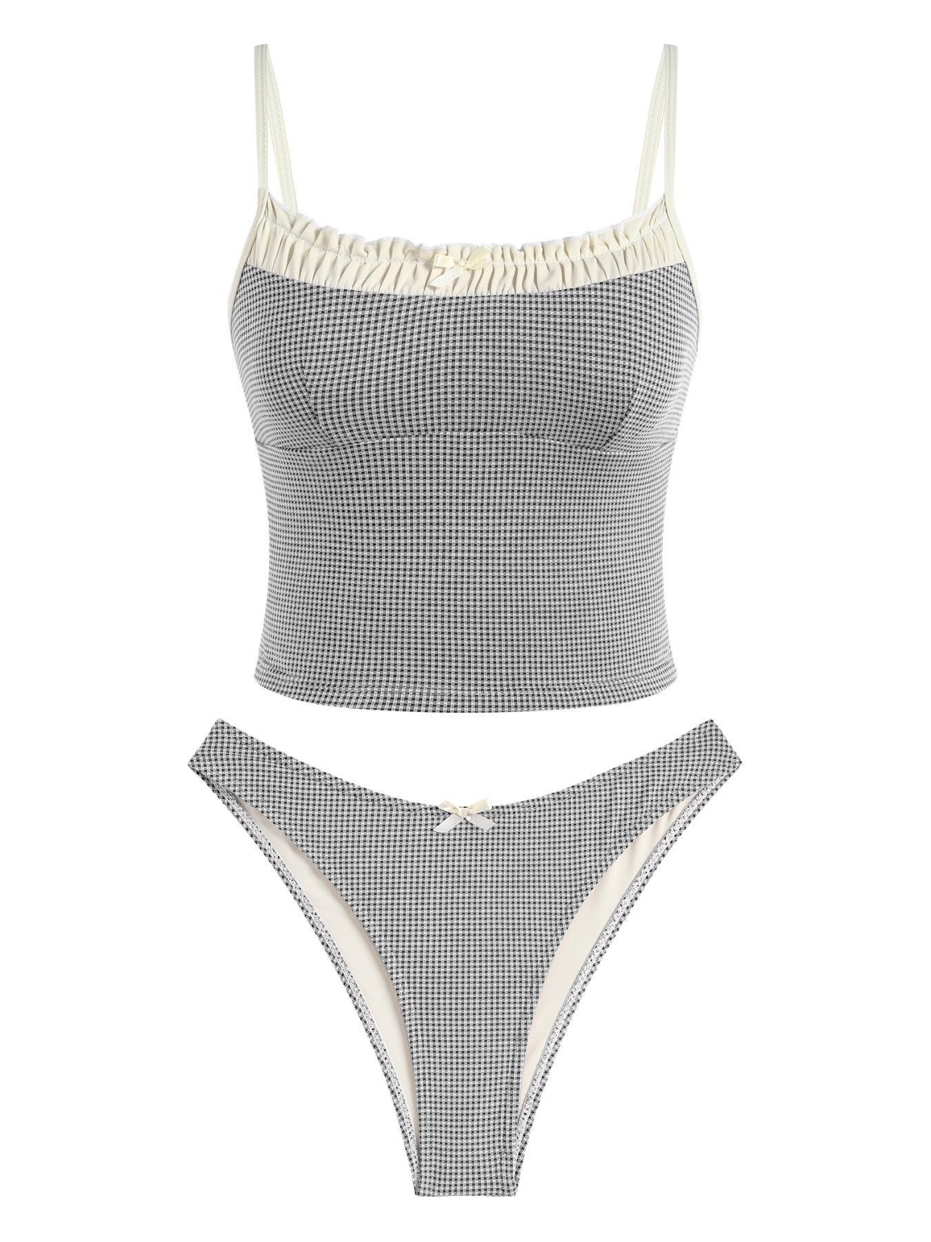 Cute Gingham Ruffle Cami Tankini Set 🎀 Coquette Aesthetic Two Piece Swimsuit with Bow Details | Retro Plaid Bathing Suit for Women | Summer 2026 Beachwear Vacation Outfit Summer Vacation Aesthetic High Cut