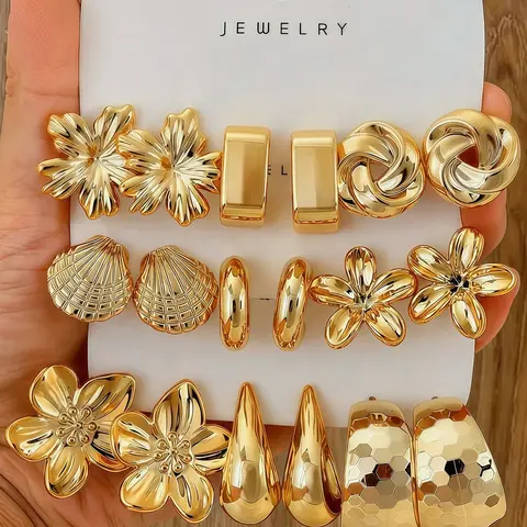9 pairs Gold Women's Earrings Set, Flower Earrings, Fashion Party, Travel Vacation, Gift Engagement, Suitable For Various Occasions