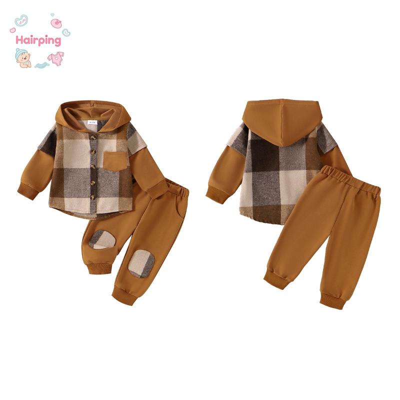 Little Boy Girl Pants Set, Contrast Color Plaid Long Sleeve Button-up Hoodie Trousers Outfits, Casual Baby Girls Set