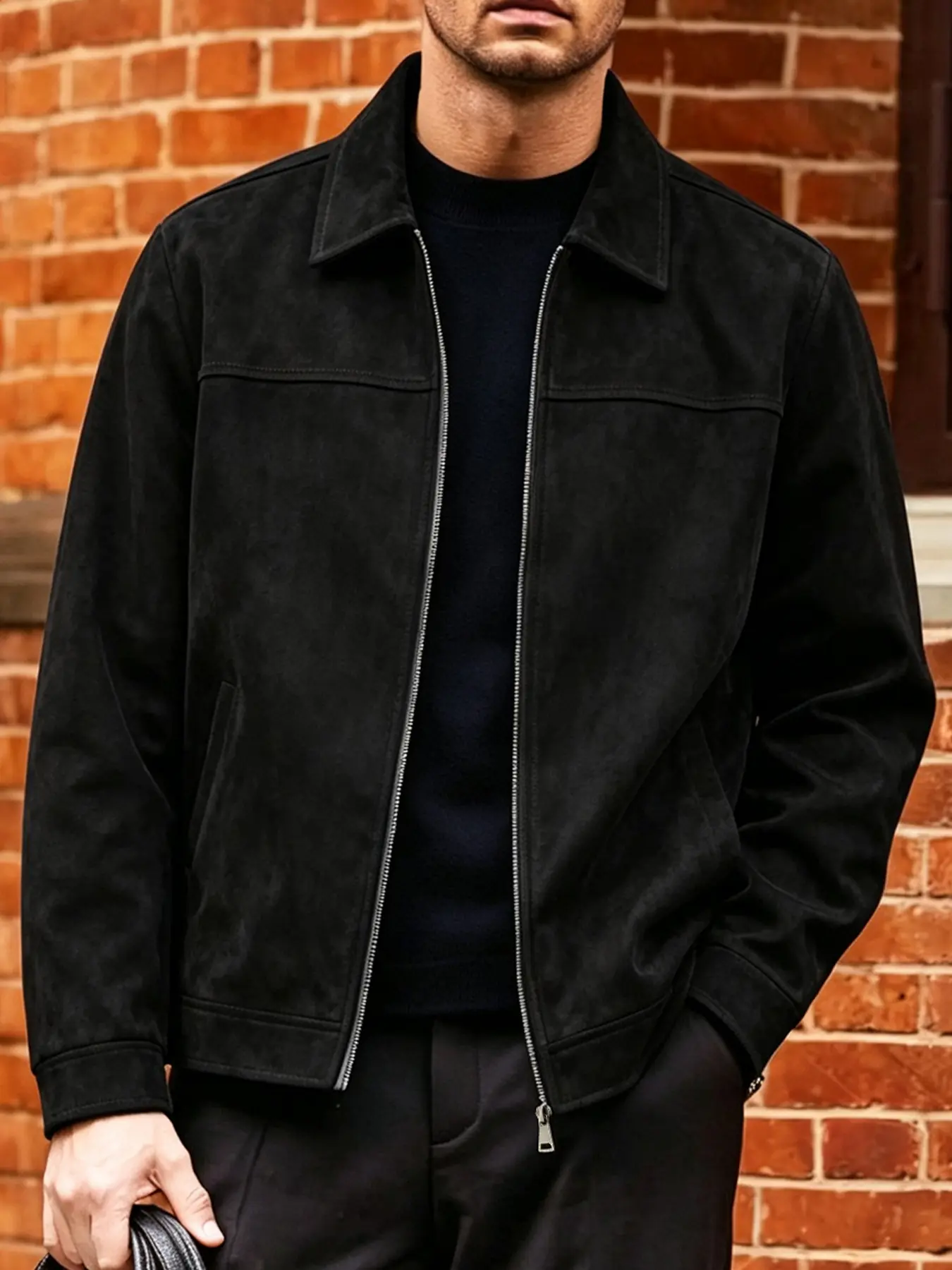 Men's suede casual jacket with zipper closure and side seam pocket design, versatile and lightweight business collar jacket, easy to maintain fabric, suitable for daily life, work travel, and formal wear - Spring and Autumn