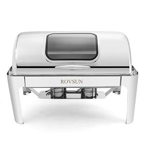 ROVSUN 9Quart 1 Pack Roll Top Chafing Dish Buffet Set, Stainless Steel Chafers for Catering, Rectangular Buffet Servers and Warmers Set with Glass Window for Parties, Banquet, Wedding, Full Size Plates