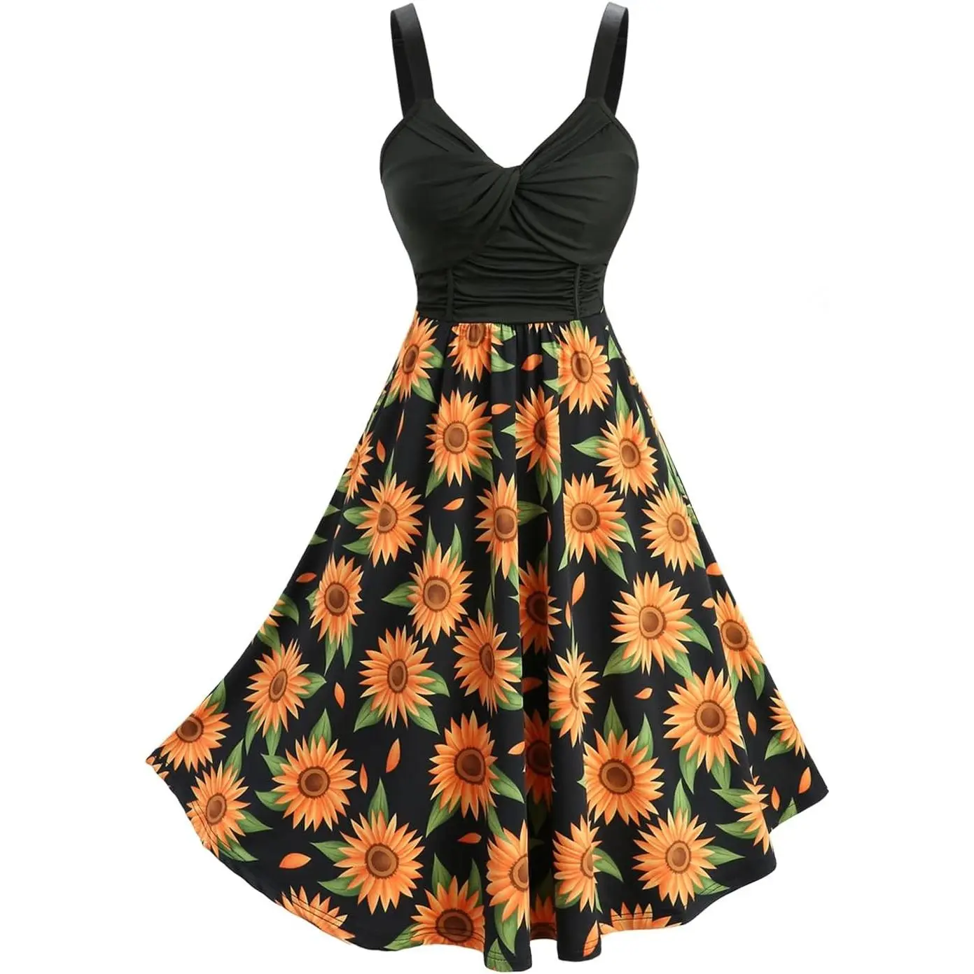 Women's 1950s Retro Vintage Sunflowers Printed Cocktail Swing Dress with Pockets