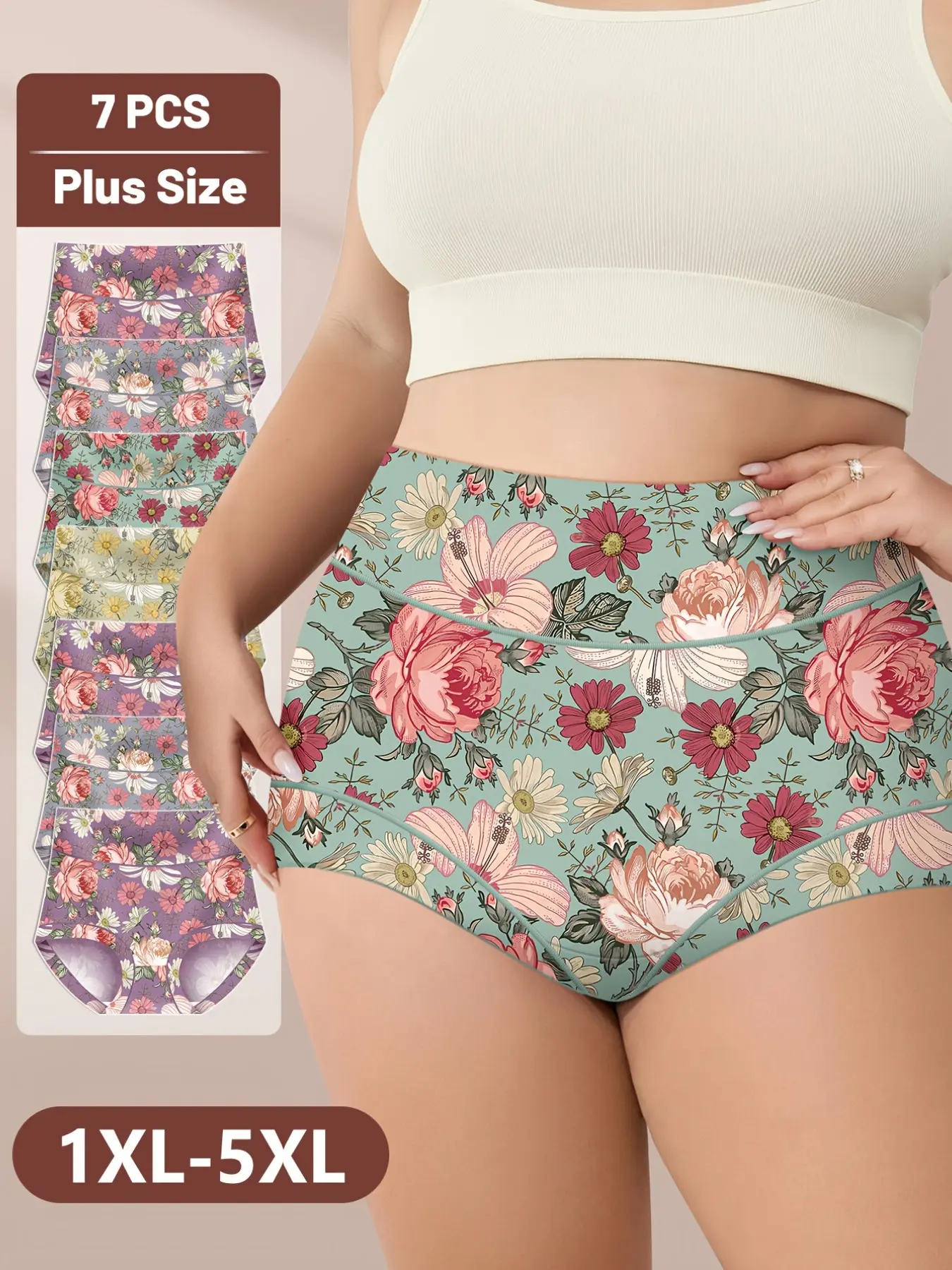 7-Pack Women's High-Waisted Underwear, Vintage Floral Print Triangle Panties, Casual Soft Panties, Soft Skin-Friendly Sleepwear, Boho Style, All Seasons