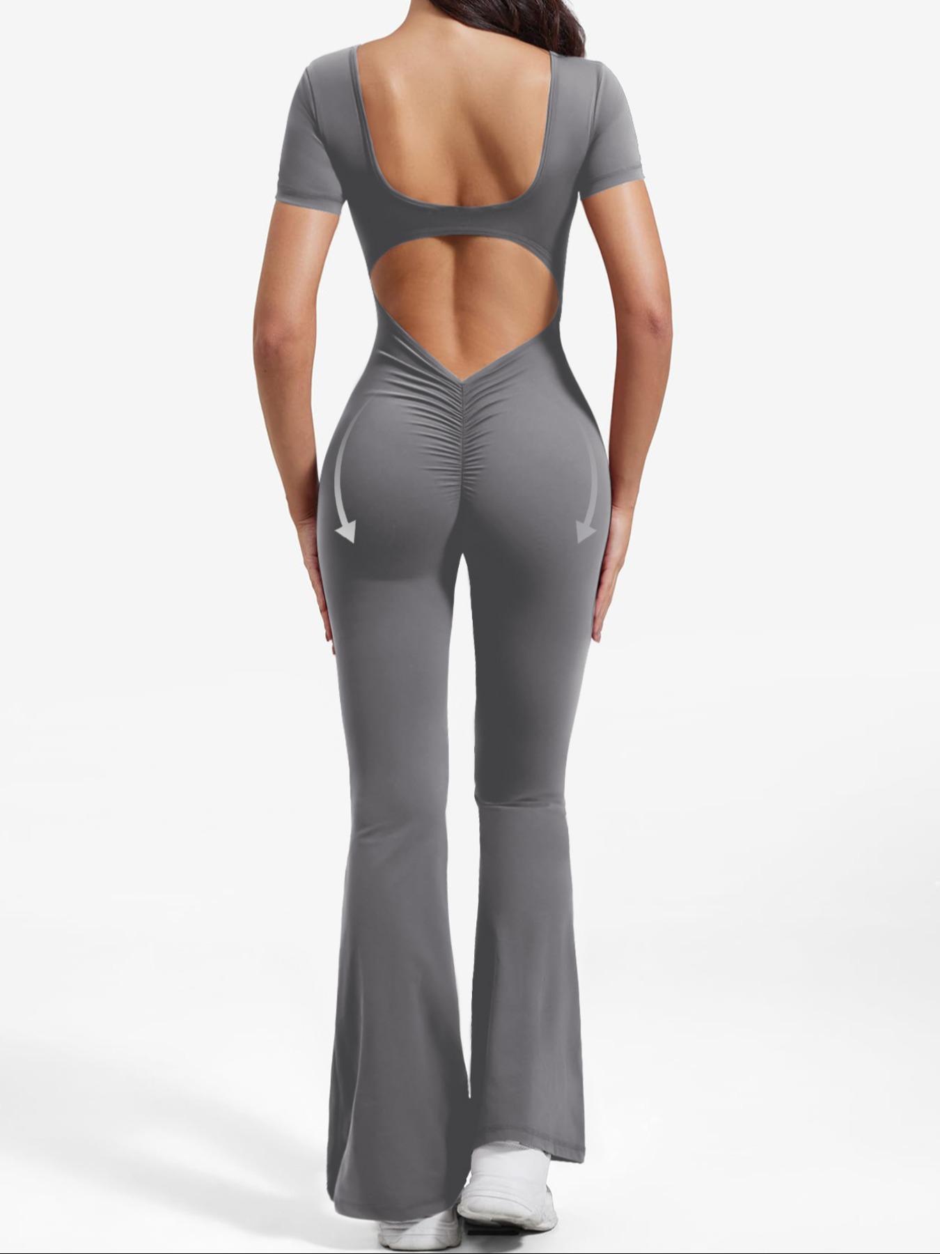 Women's Solid Cut Out Backless Flare Leg Sports Jumpsuit, Sporty Square Neck Ruched Bell Bottom Tummy Control Jumpsuit for Yoga Gym Workout, Ladies Sportswear for All Seasons