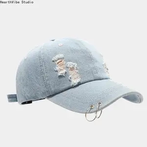 Unisex Denim Trucker Hat, Retro Distressed Baseball Cap with Metal Rings, Ripped Hip Hop Streetwear Style Hat for Men Women, Adjustable Fit for Daily Wear, Outdoor Sports, Summer Street Fashion