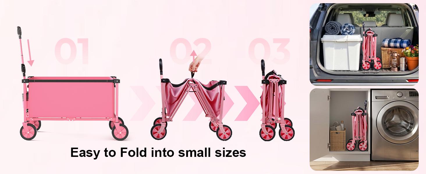 Collapsible Wagon Cart with Wheels, 150L Lightweight Foldable Cart, Rolling Wagon for, Shopping, Sports, Camping, Transport, Pink