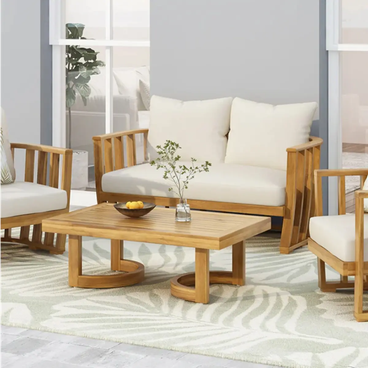 Aobtkel Christopher Knight Home® Cushioned Seats Outdoor Acacia Wood Loveseat & Coffee Table Set, Teak Finish, Beige Cushions