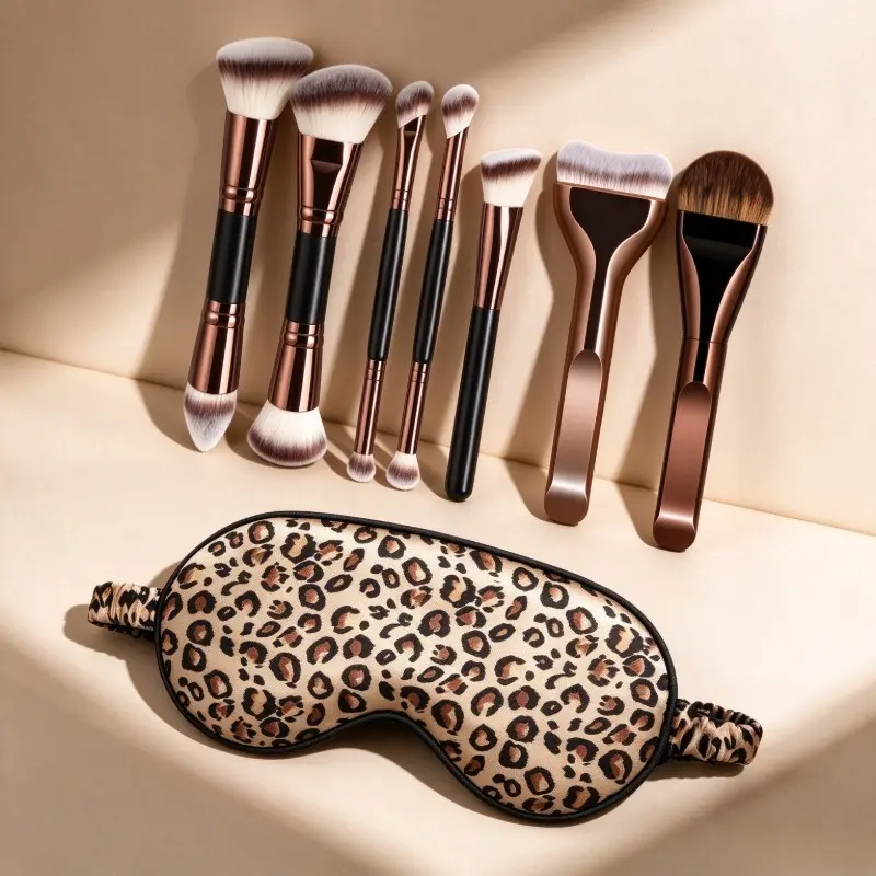 Double-Ended Makeup Brush Set, Leopard Print Eye Mask, Tongue Shape Mask Brush, Multi-Functional Pillow, Foundation, Contour, Eyeshadow, Blush Brushes
