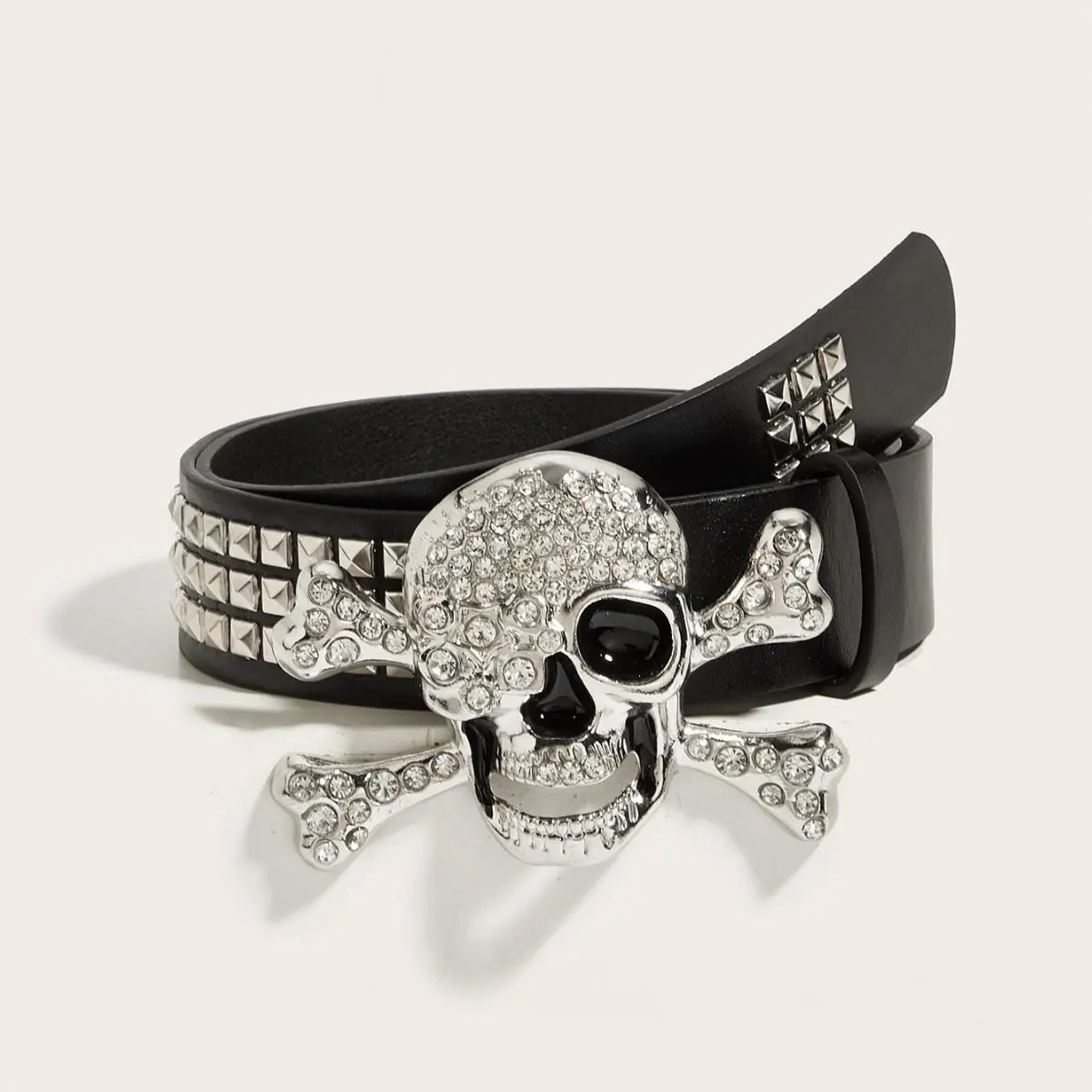 Women’s Punk Skull Crossbones Rhinestone Buckle PU Leather Belt, Metal Rivet Decor Waist Belt, Gothic Streetwear Belt for Skirts & Y2K Outfits