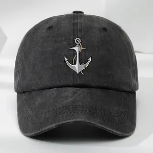 Nautical Boating Gift Fathers Day Anchor Printed Dad Hat Vintage Washed Black Cotton Baseball Cap Heat Transfer Sailor Present Cruise Vacation Summer Ocean Marine Wear Vacation Beach Sun Hat Captain Gift Father's Day Gift  Class of 2026