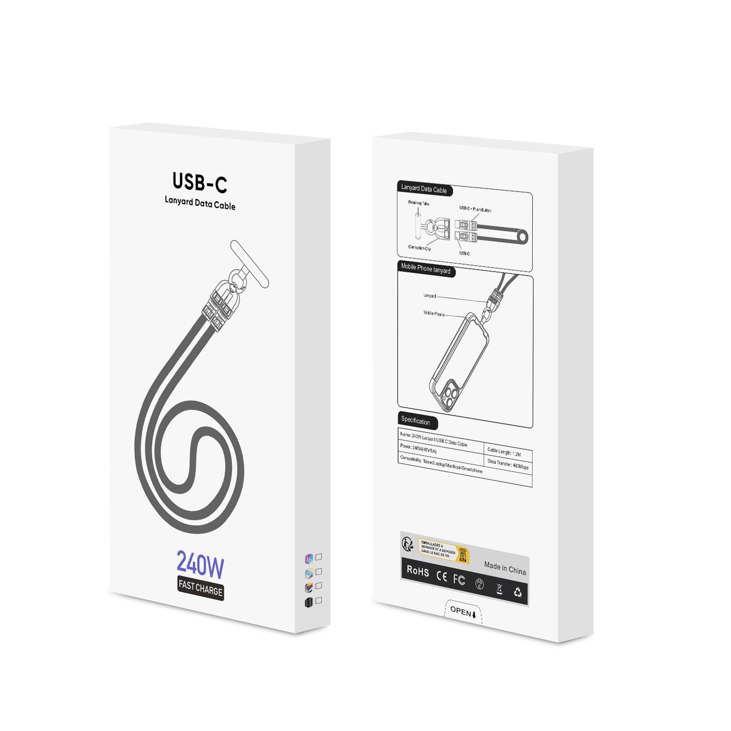 New 2-in-1 phone lanyard data cable PD240W super fast charging suitable for mobile phones and computers