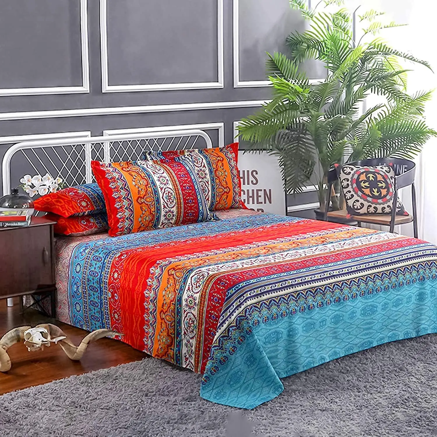 Boho Sheets Set (3 PCS) Boho  Size Colorful Tribal Striped Bed Sheets 14" Deep Pocket Ethnic Fitted Sheet Bohemian Flat Sheets 1 Pillowcases