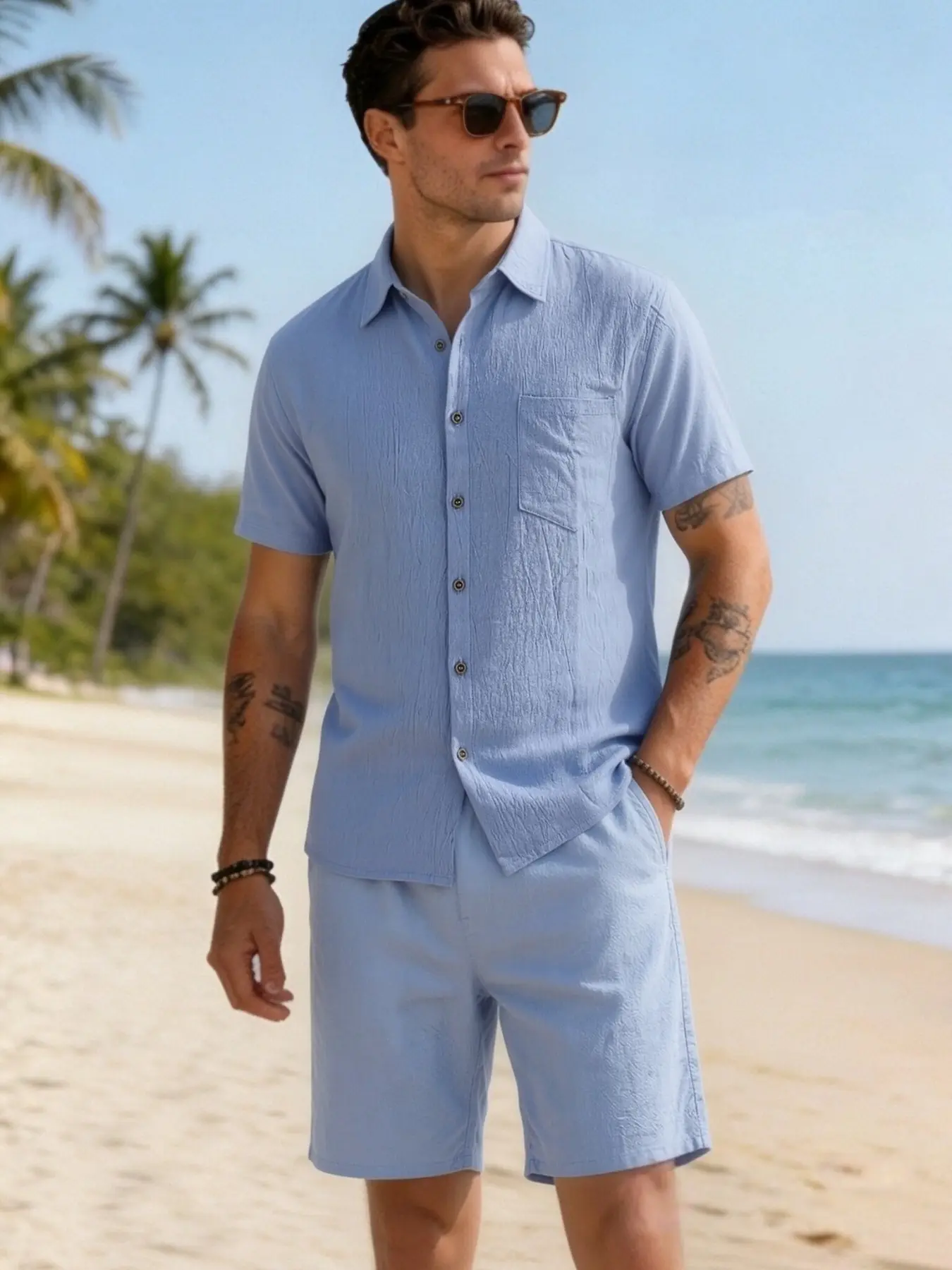Men's linen short-sleeved shirt and shorts set - loose fit, breathable - tropical seaside vacation and casual outfit