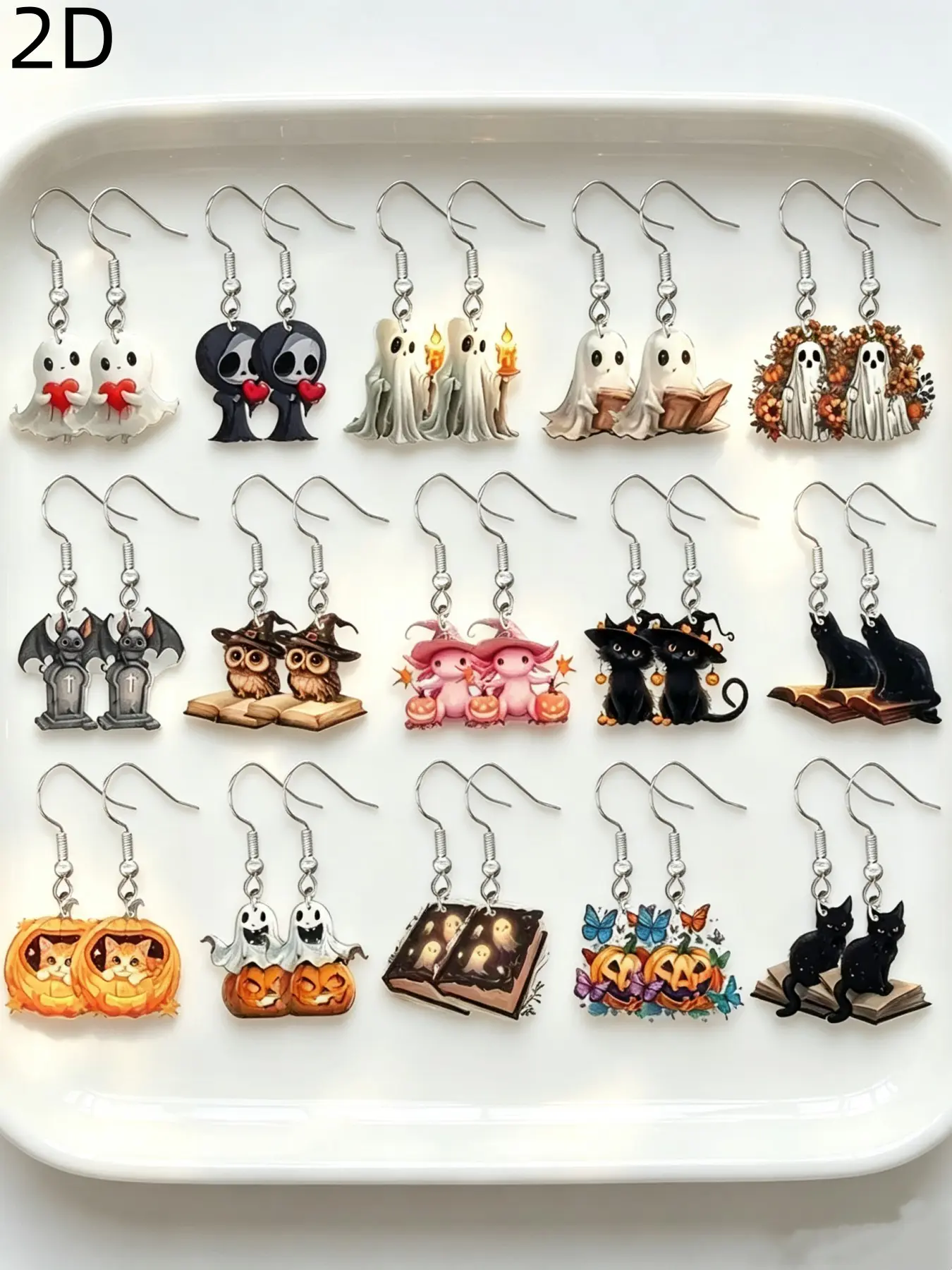15 pairs / 2D Halloween earrings, featuring beautiful designs of ghosts, mummies, pumpkins, cats, skulls and death. These earrings are in a cartoon style and made of acrylic. They are excellent gifts for Christmas, Halloween, Thanksgiving and New Year.