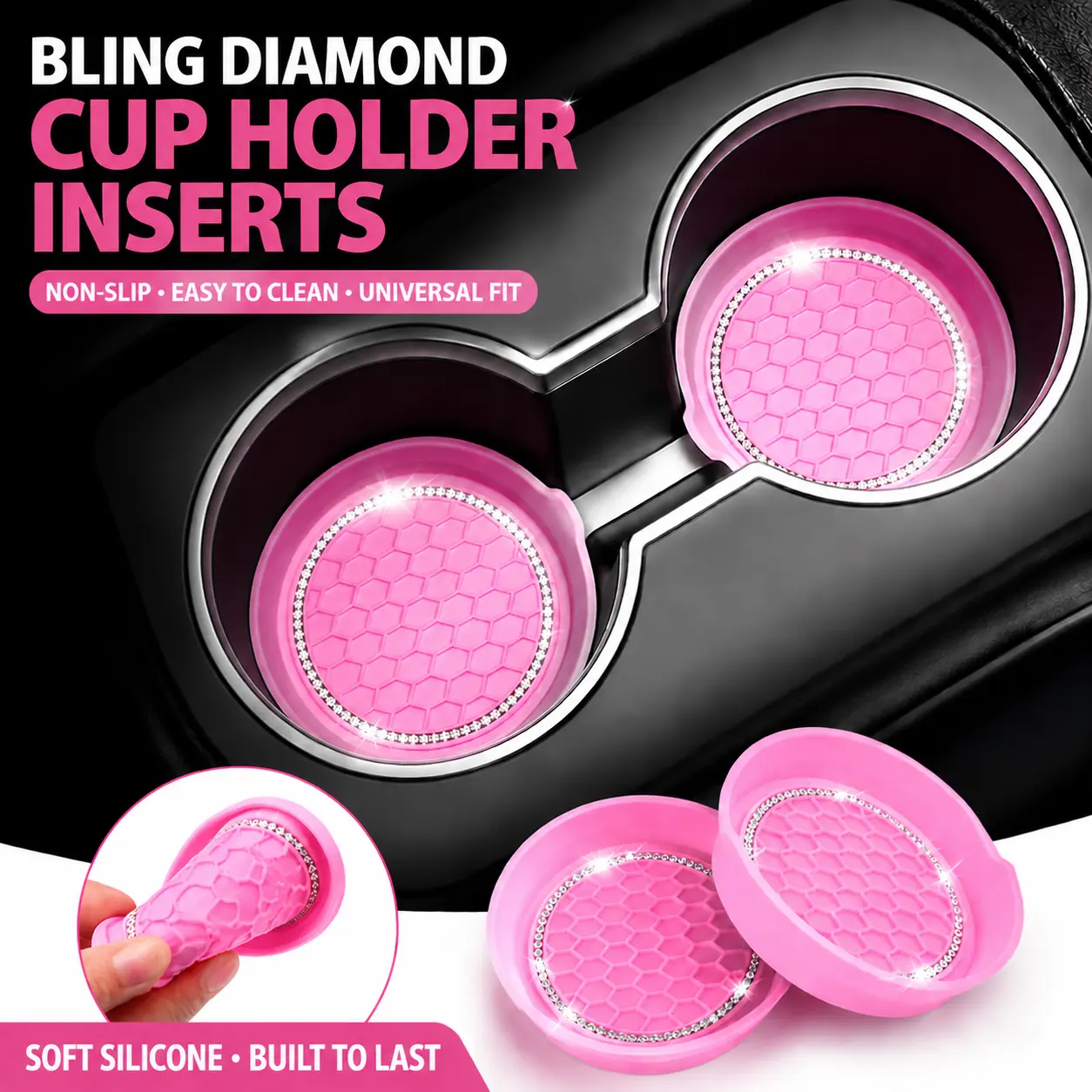 Car Cup Coaster Universal Non-Slip Cup Holders Bling Crystal Rhinestone Car Interior Accessories 2 Pack Pink