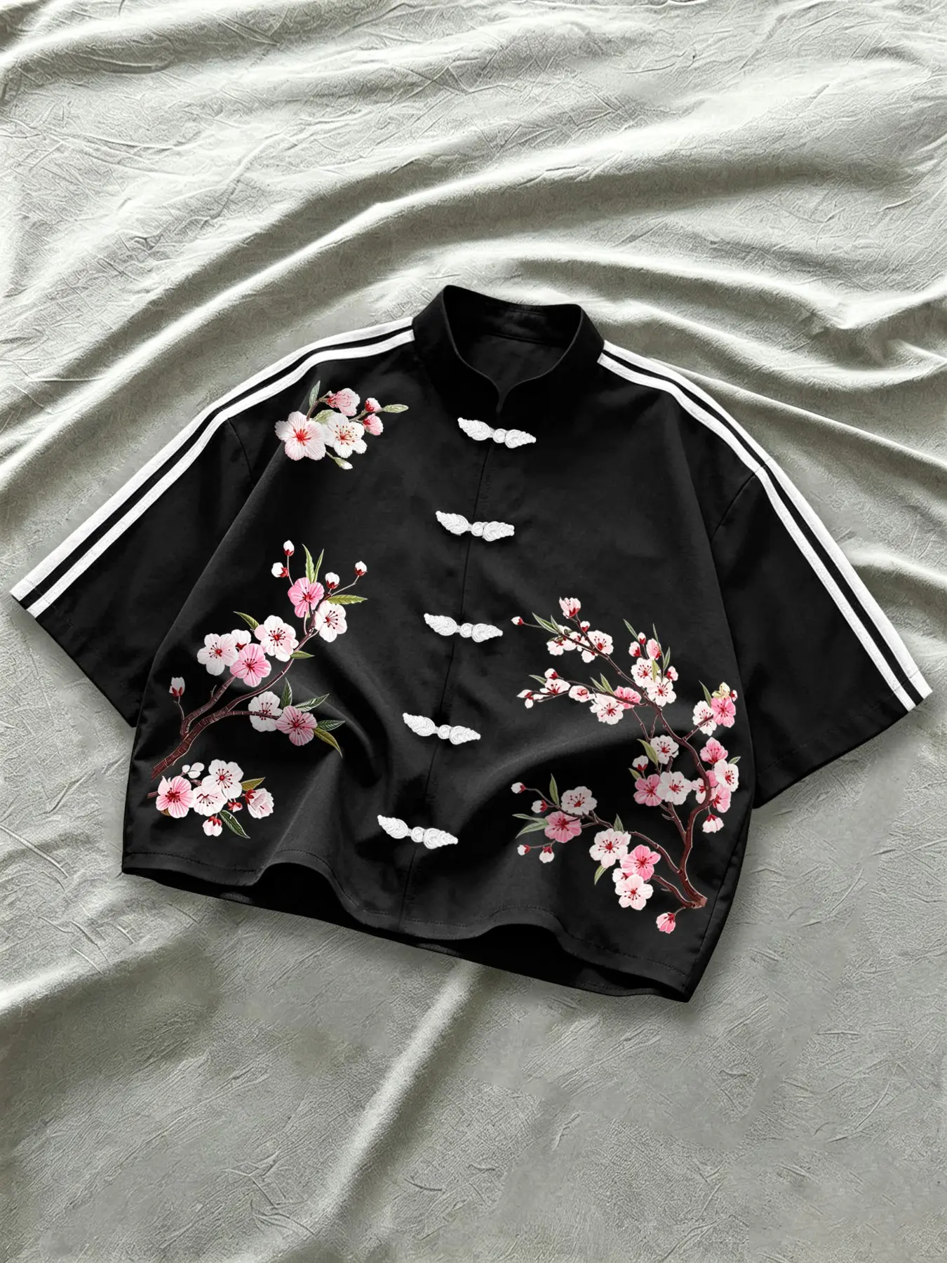 Men's Casual Short Sleeve Shirt, Traditional Mandarin Collar and Button Design, Floral Print, Modern Chinese Style, Streetwear Fashion