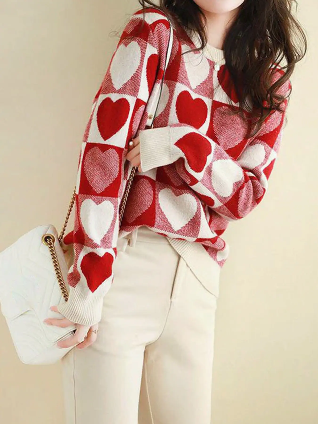 New Fashion Korean Round Neck Long Sleeve Geometric Pattern Women's Knit Sweater, Loose Casual Versatile Knit Top, Office Commute Lazy Style