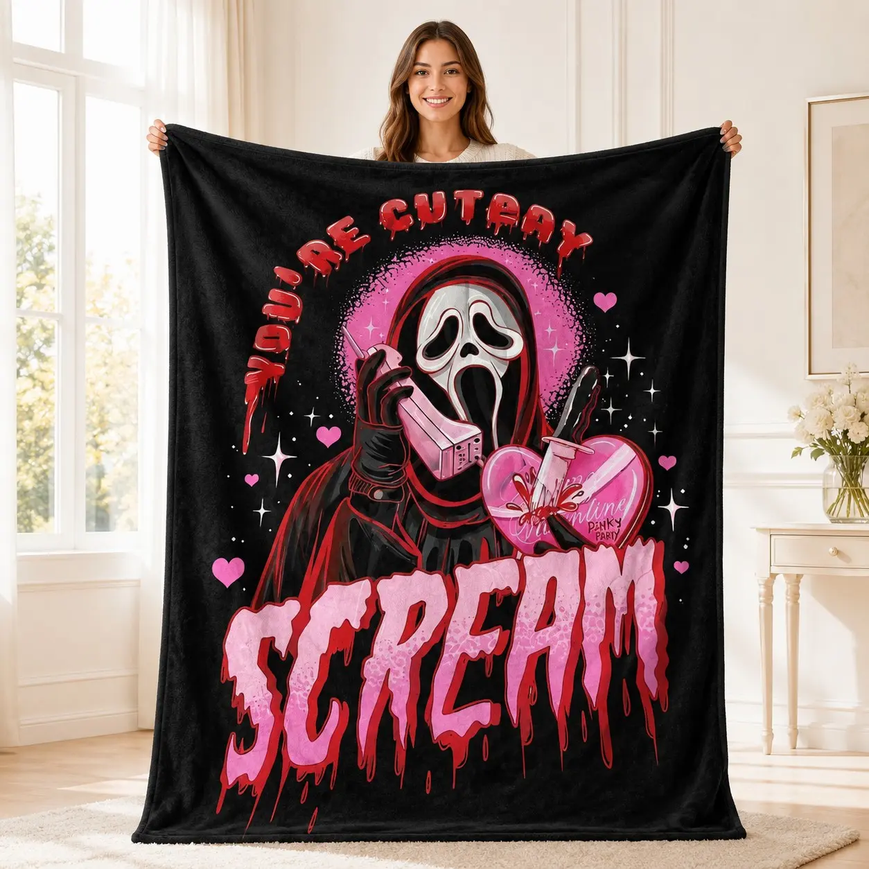 1pc Black Background Scream Pink Dark Sweet Themed Fleece Blanket, full print ghostface mask, vintage telephone, knife pierced heart, pink love hearts, drip graffiti lettering, gothic dark sweet cool style. Soft warm comfortable nap blanket, suitable for
