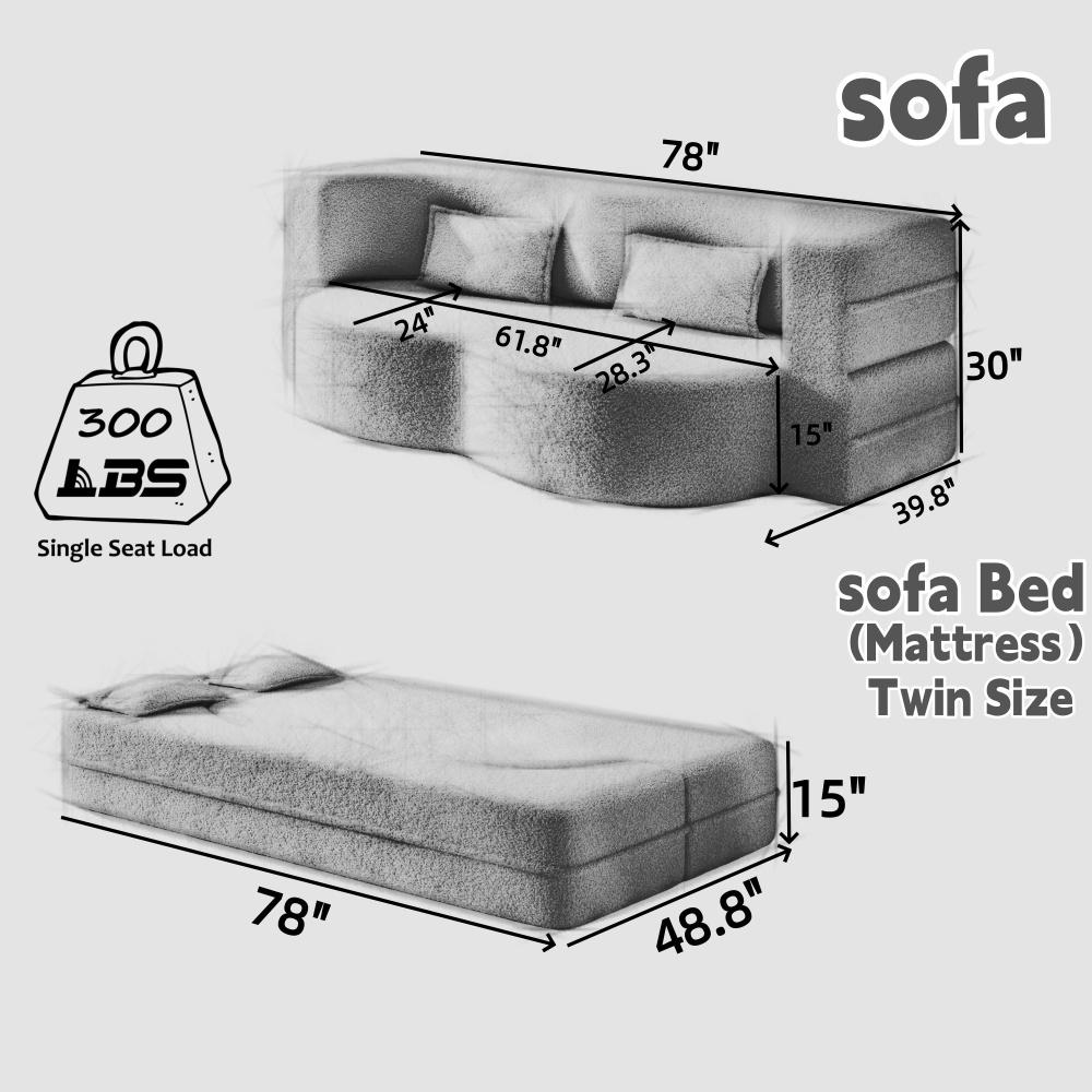 Modern Floor Sofa with 2 Pillows, Convertible Corduroy Fabric Foam-Filled Sleeper Sofa Bed, 15" Twin Size Folding Mattress for Living Room, Guest Bed, Playroom, no Assembly Required