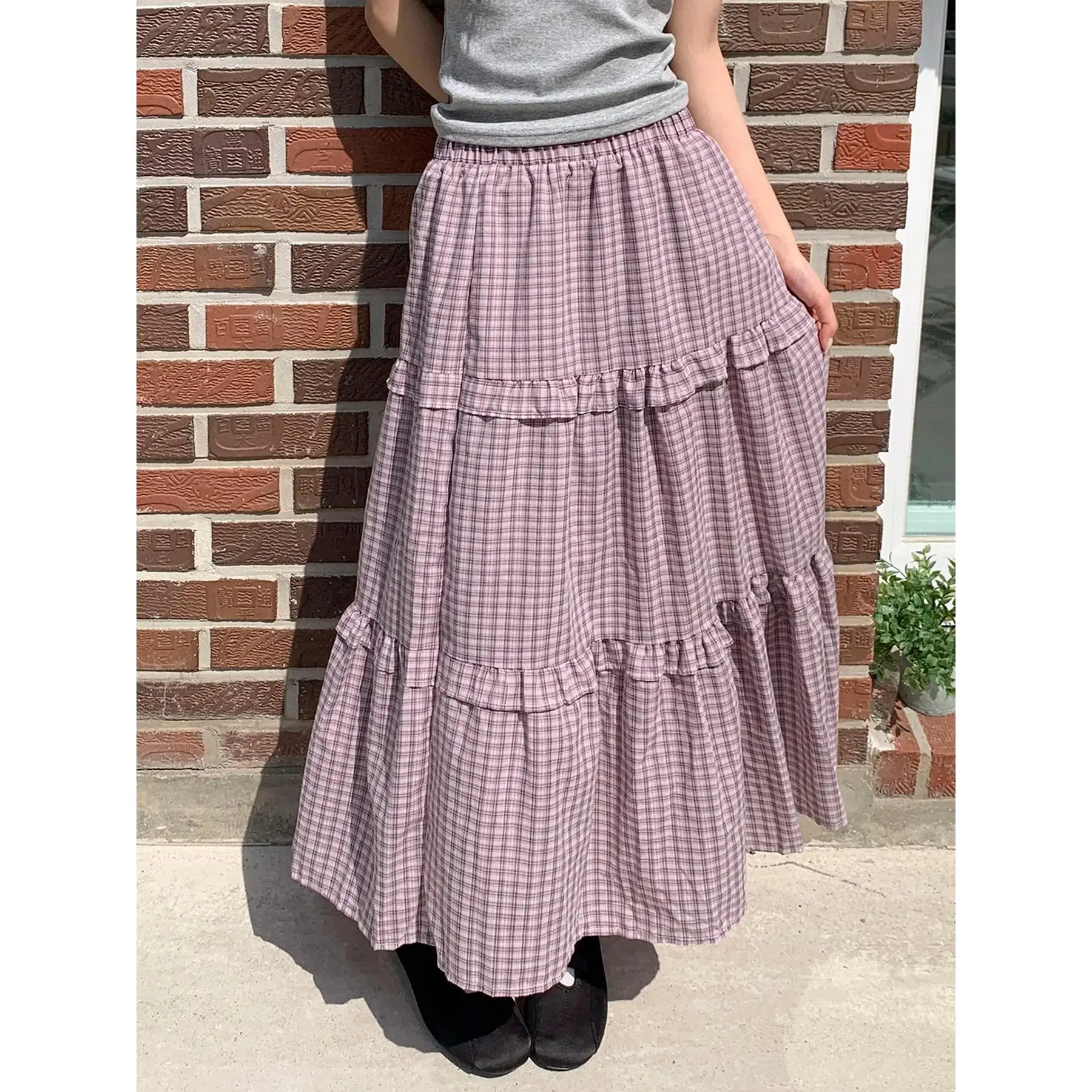 Sweet Preppy Style Loose Ruffle Plaid Skirt, Casual Streetwear for Women, Elegant Chic Skirt, Spring & Fall Fashion, Slim-Fit Design, Vintage Skirt, A Line Skirts