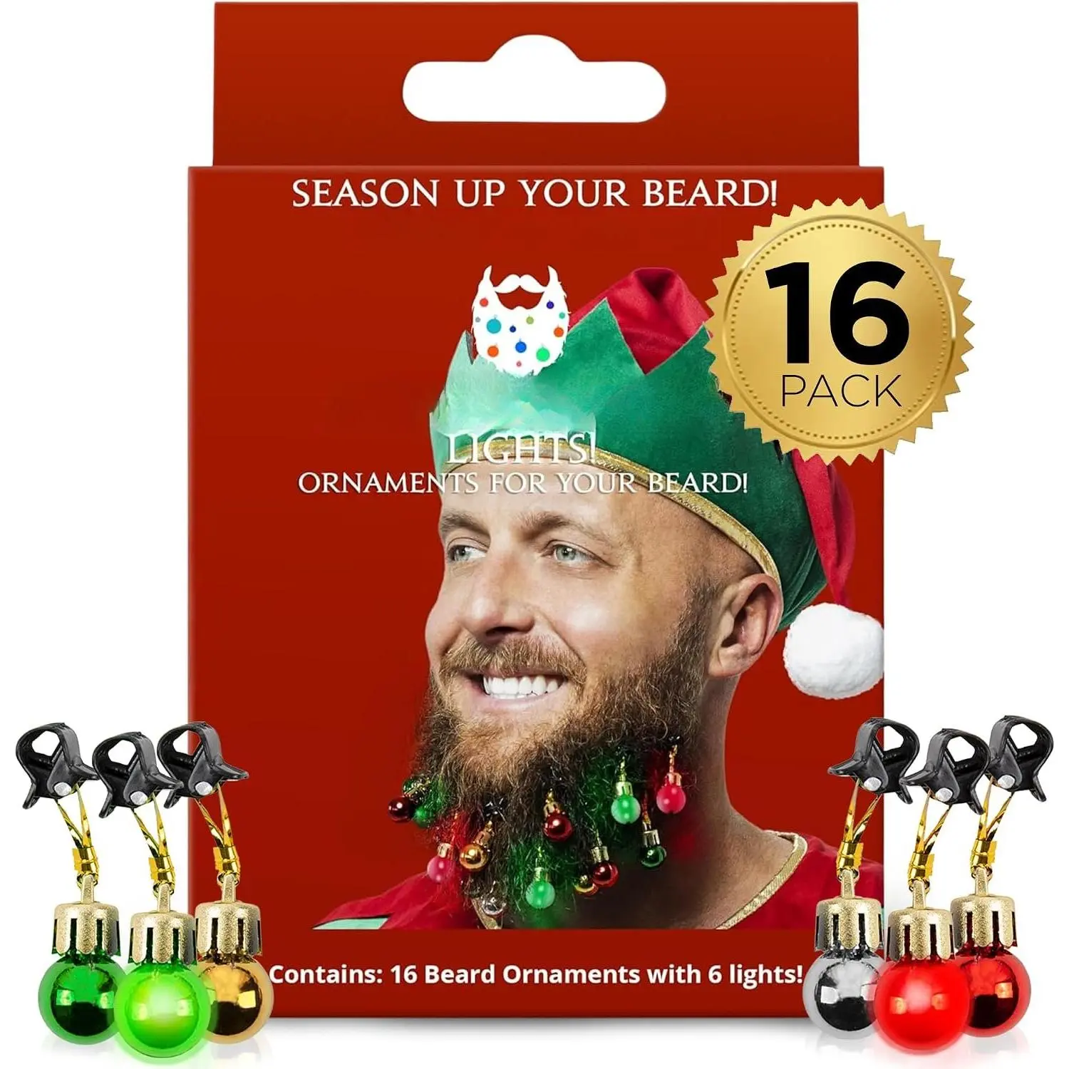 Beard Lights - Light-Up Beard Ornaments for Men - Colorful Christmas Beard Baubles with Easy Clip Attachment - Funny Christmas Ornaments - 16 count