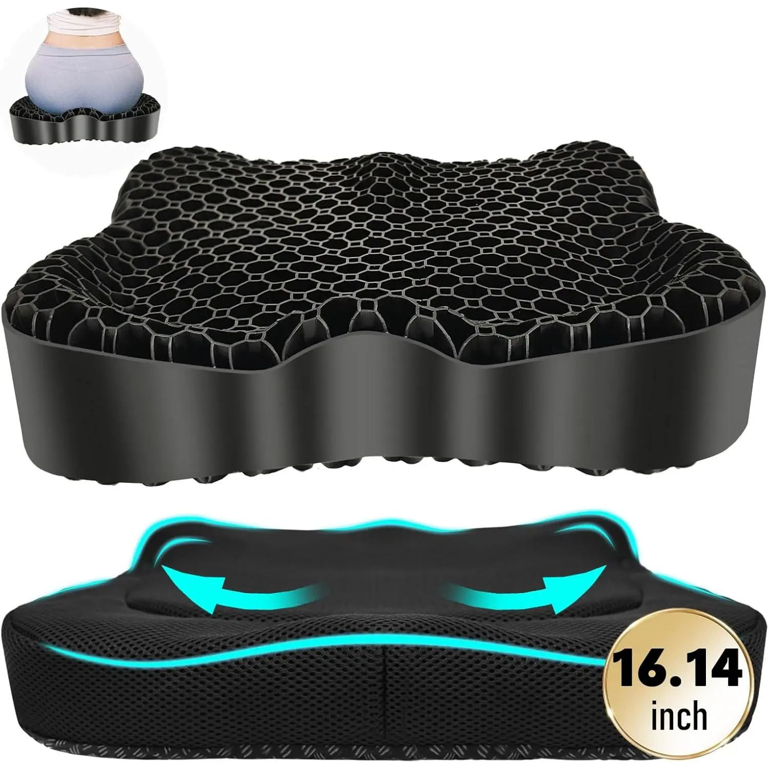 Cooling Gel Seat Cushion, Thickened Big Breathable Absorbs Pressure Points Gel Cushion with Anti-Slip Cover Cooling Seat Cushion for Office Chair Home Car Seat Cushion for Wheelchair