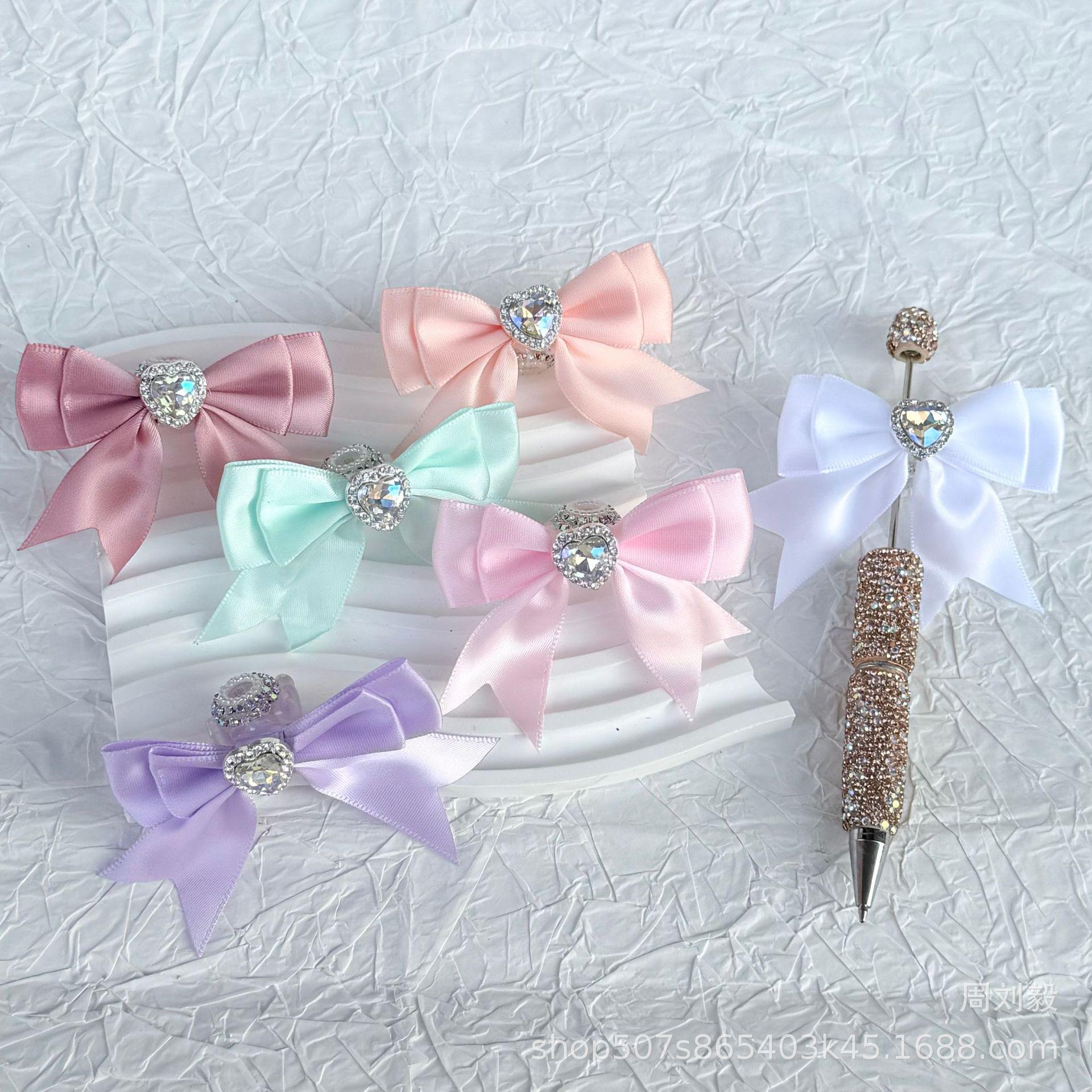 French-style candy-colored beaded bow accessory with rhinestones, satin double-layer bow accessory, beaded pen accessory, decorative piece