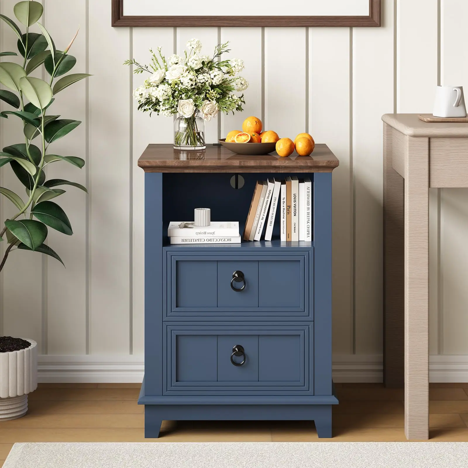 18 in Rectangular Solid Wood Modern Farmhouse Nightstand - with Charging Station, 2 Drawers, Open Shelf, Indoor End Table for Bedroom, Living Room
