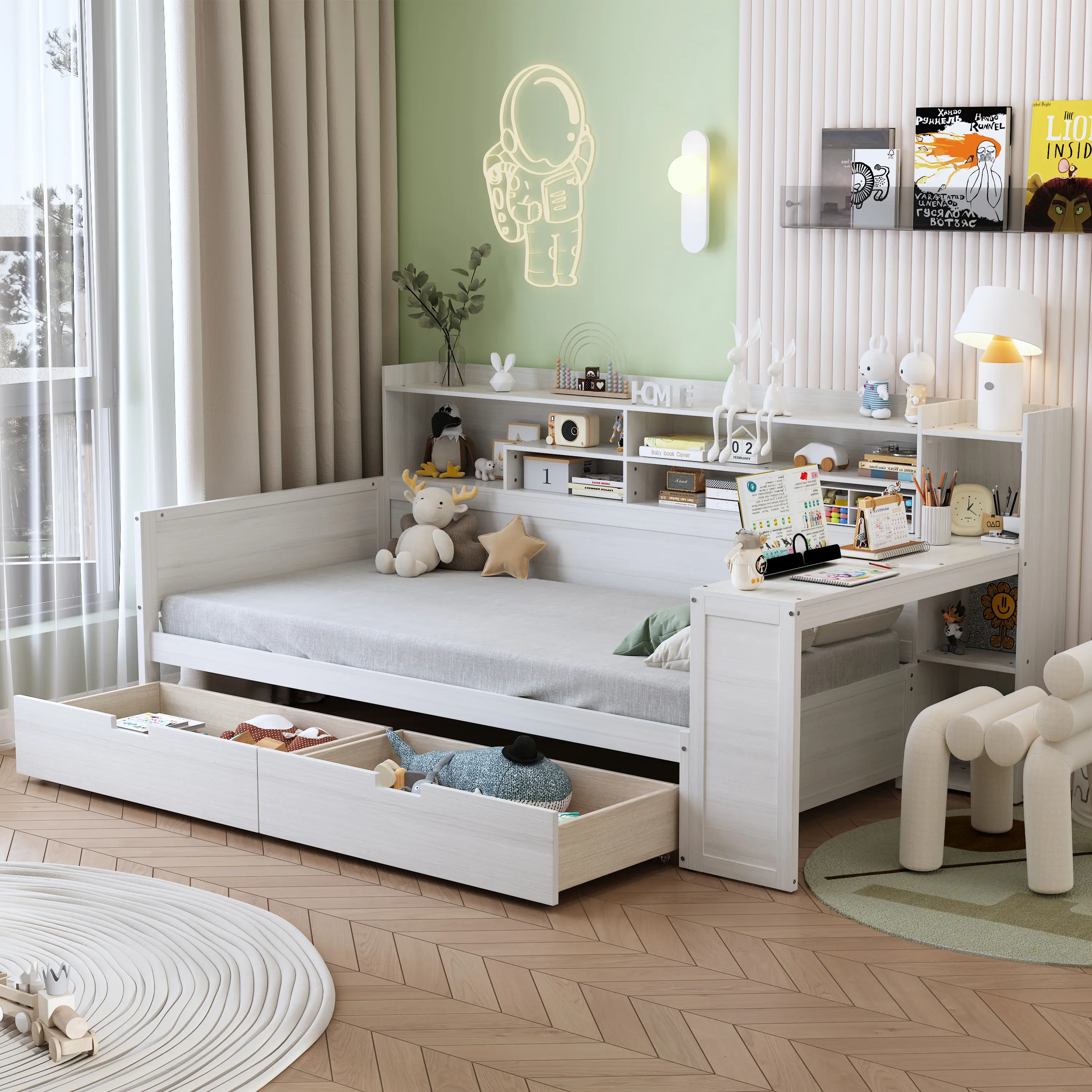 ARCH Wooden Twin Size Daybed with Storage Shelves, Multi-Functional Bed Frame with Two Drawers and Study Desk, Antique White, Space-Saving Design for Bedroom, Guest Room, Kids Room, Dormitory, Compact Furniture with Shelving and Desk