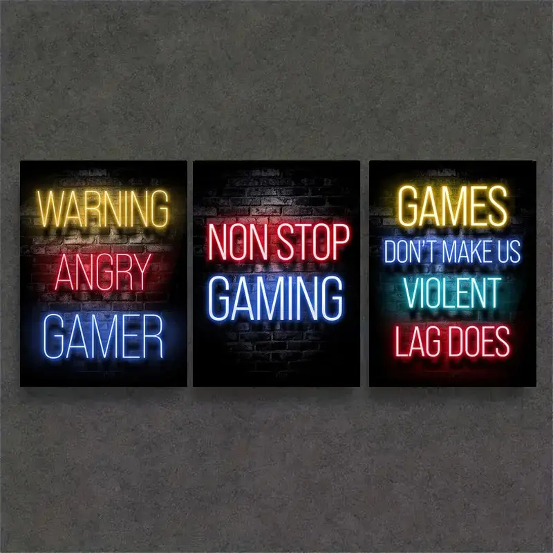 3 Piece Set Unframed Canvas Neon Gaming Gamer Wall Art Posters Prints Gamer Canvas Painting Picture for Kids Boys Room Decorative