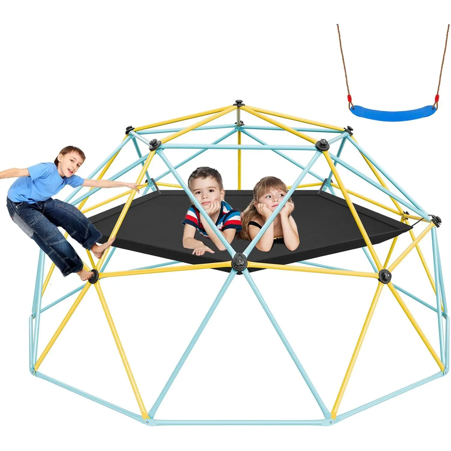 Climbing Dome, 10FT Geometric Dome Climber with Hammock and Swing, Jungle Gym Supports 750LBS and Easy Assembly for Kids 3 to 10 Years Old, with Climbing Grip, Outdoor Backyard Play Equipment