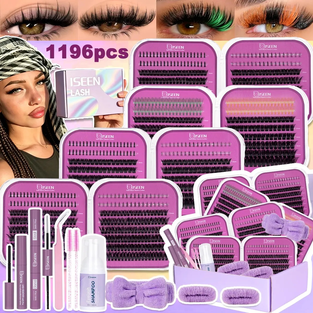 DIY Eyelash Cluster Kit, Bottom Lash/Colored Lash, Mixed Style Lashes, Dense LongLashes, DIY Extension Set, Eyelash Extensions, D Curl, Multiple Lengths, Includes Bond&Seal, Remove, Eyelash Tweezers , Brush, Shampoo, Headband, Wristbands
