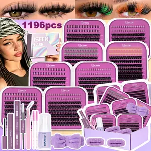 DIY Eyelash Cluster Kit, Bottom Lash/Colored Lash, Mixed Style Lashes, Dense LongLashes, DIY Extension Set, Eyelash Extensions, D Curl, Multiple Lengths, Includes Bond&Seal, Remove, Eyelash Tweezers , Brush, Shampoo, Headband, Wristbands