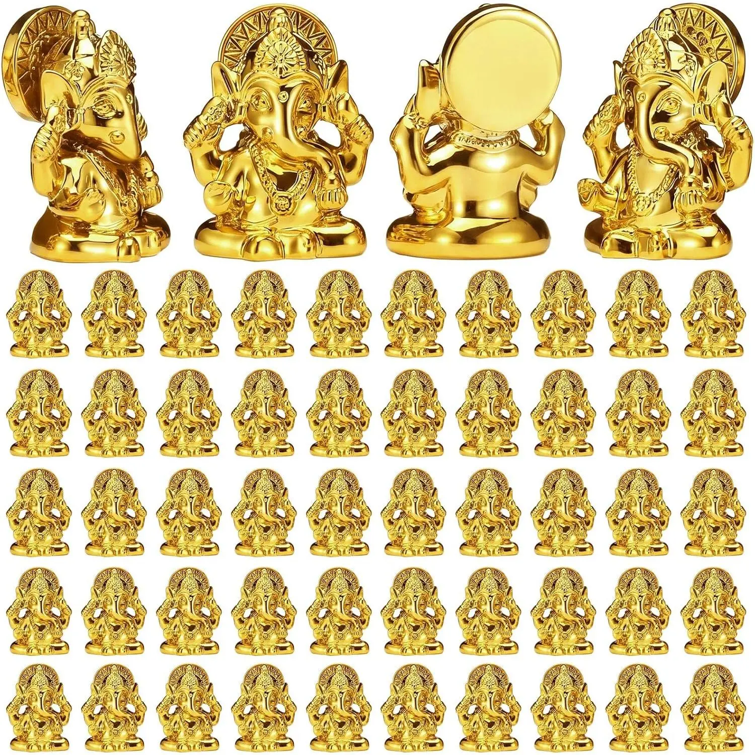 AceOrbit 50 Pcs Gold-Plate Resin Lord Ganesha Figurines Bulk, Traditional Religious Decorative Indian Elephant Ornaments for Diwali Pooja Return Gifts, Housewarming Decor, Metal