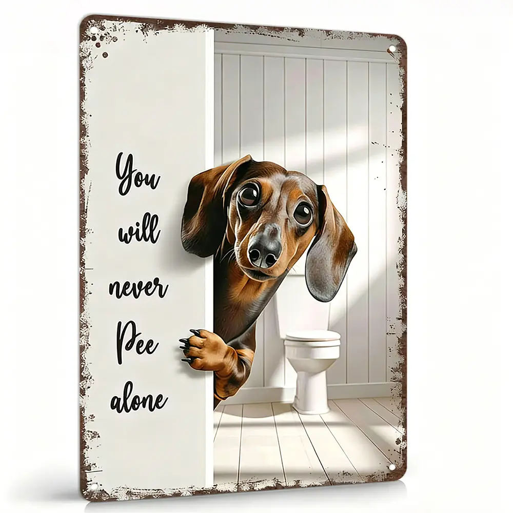 8"×12" Lightweight Aluminium Peeking Dachshund Bathroom Metal Sign - Funny "You Will Never Pee Alone" Quote, Waterproof Wall Art with Pre-Drilled Holes, Vintage Speckled Farmhouse Decor Gift for Wiener Dog Fans (Indoor/Outdoor Toilet Use), Retro, Bathroom