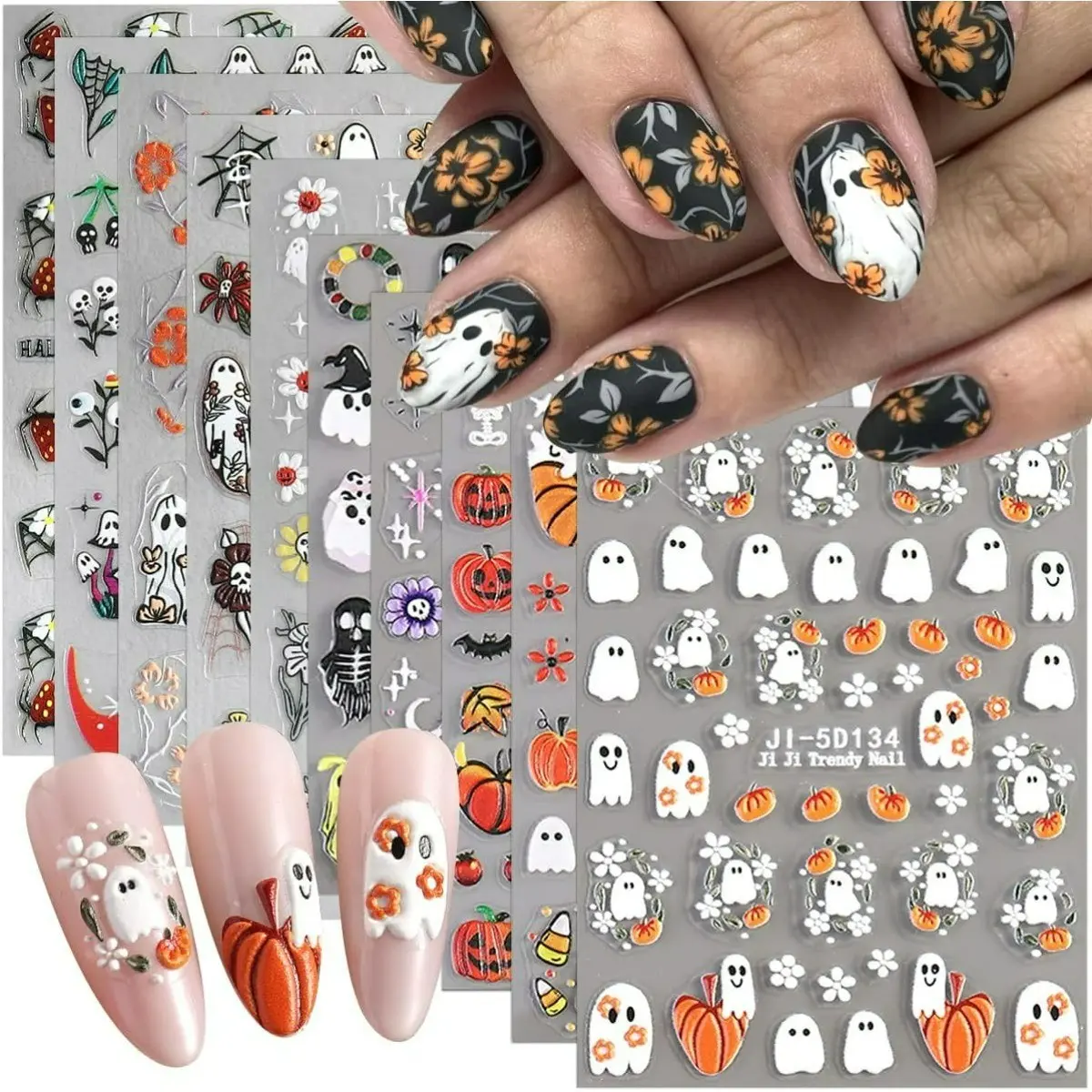10 Sheets 5D Embossed Halloween Nail Stickers for Nail Art, 5D Cute Spooky Ghost Pumpkin Halloween Nails Decals, Nail Decals Manicure for Women Nail Art Decorations 