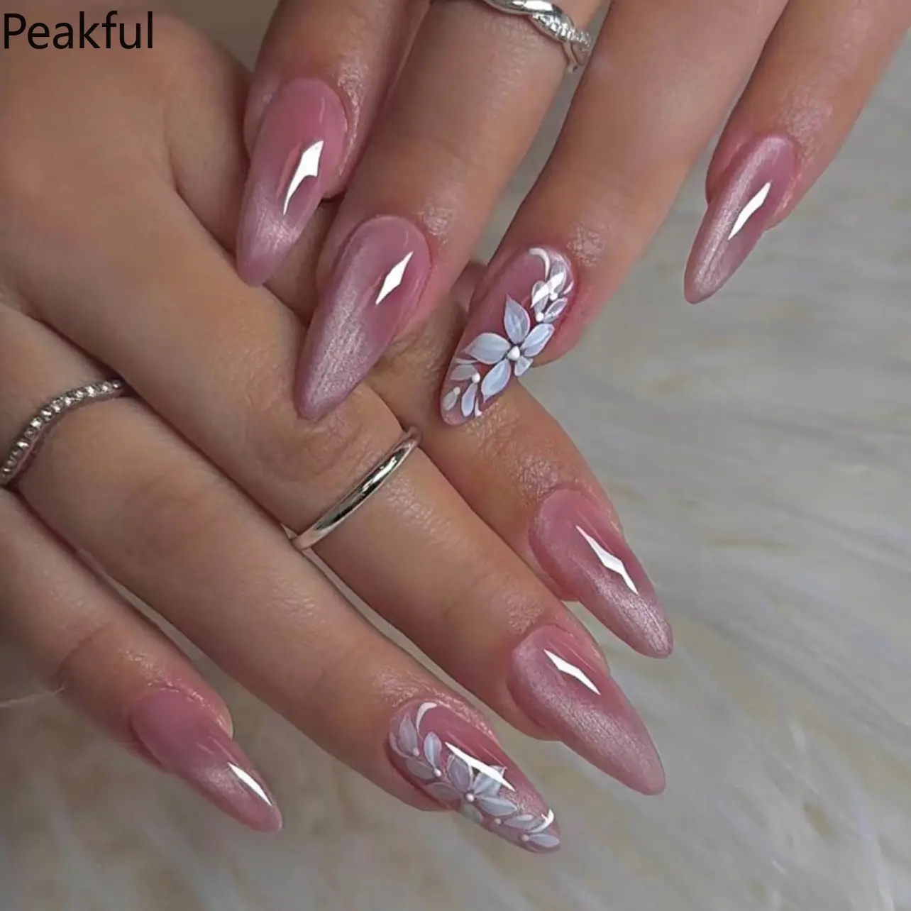 24Pcs Bling Cat-Eye Press-On Nails, 3D Floral & Leaf Design for a Fresh Look, Long Almond Glossy Fake Nails, Reusable Handmade Manicure for Women, Perfect for Spring, Summer & Daily Glam