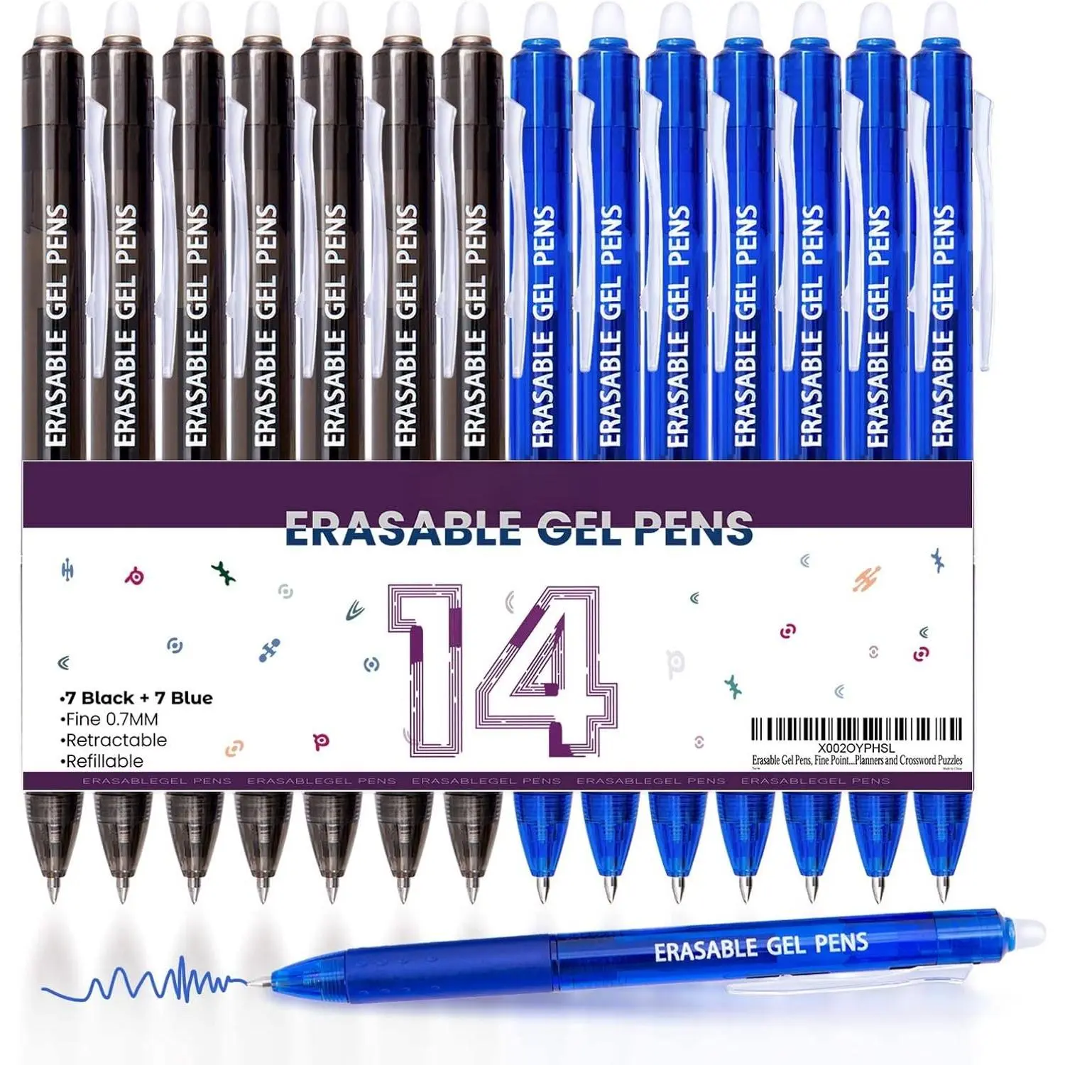 14 Colors Erasable Gel Pens, Fine Point, Retractable Clicker Pens, 7 Black/7 Blue Inks for Planners and Crossword Puzzles