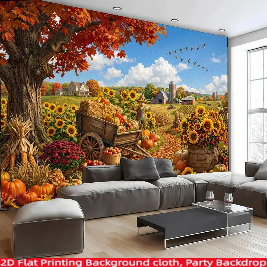 Autumn Harvest Farm background banner, pumpkin sunflower wood cart printed decorative wallpaper, suitable for Thanksgiving, rural themed parties, photography backgrounds, and home space decoration banners, made of polyester material