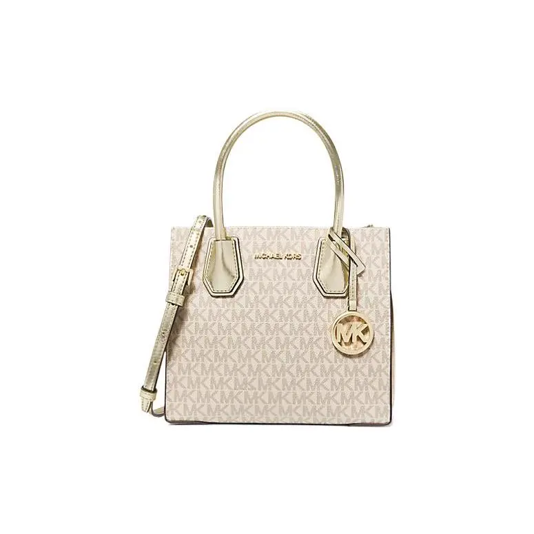 Michael Kors MK Mercer Logo-Embossed Metallic Accordion-Coated Canvas Crossbody Bag for Women, Medium, Vanilla